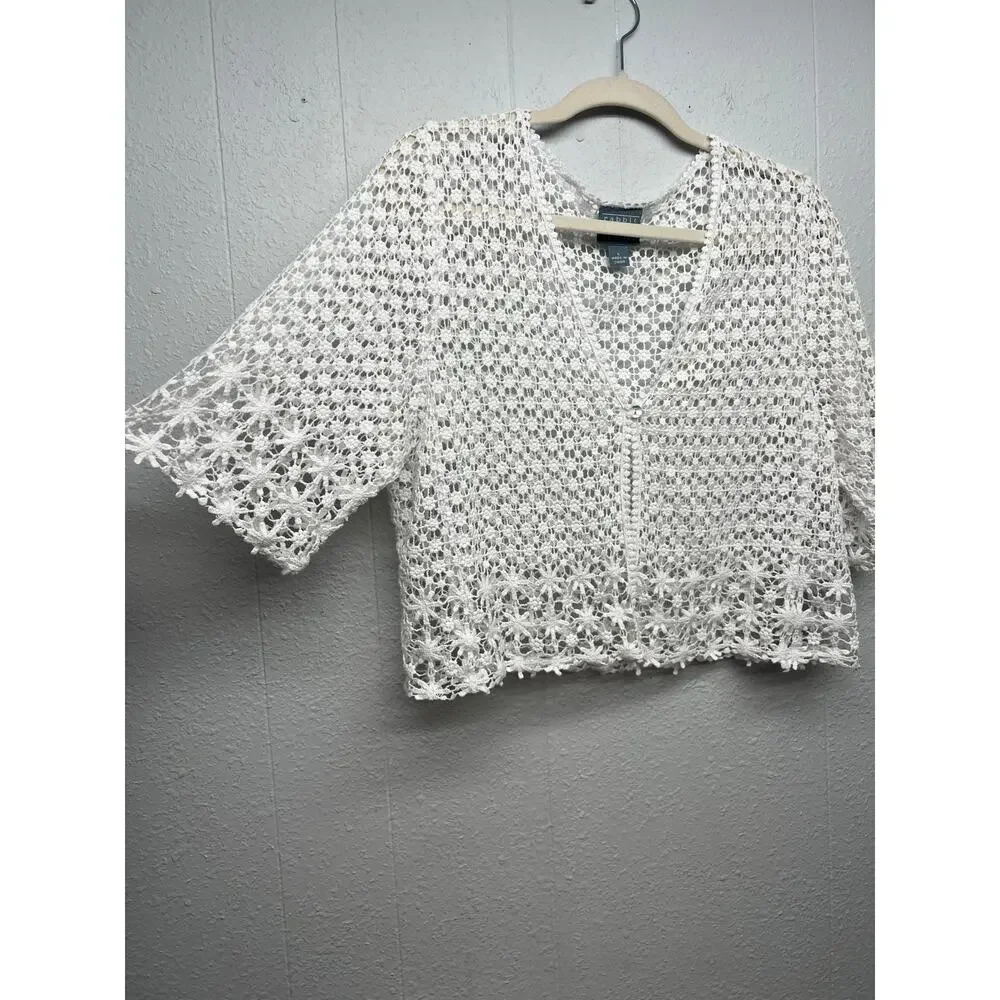 Rabbit Designs White Crochet Cardigan Womens L Cotton Y2K Dainty Fairy Grunge - Picture 4 of 10